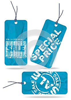 Set of blue crumpled paper tags