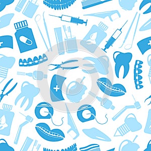 Set of blue dental theme icons blue seamless pattern