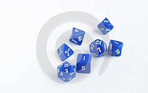 Set of blue dices for rpg, dnd or board games on white background
