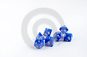 Set of blue dices for rpg, dnd, tabletop or board games on light background