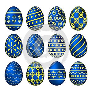 A set of blue Easter eggs with patterns
