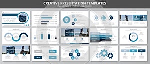 Set of blue elements for multipurpose presentation template slides with graphs and charts. Leaflet, corporate report