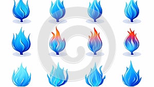 Set of blue fire flames isolated on white background, Generative AI illustrations