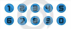 Set of blue flat  numbers icon with long shadow from zero to nine in blue color circle vector illustration.