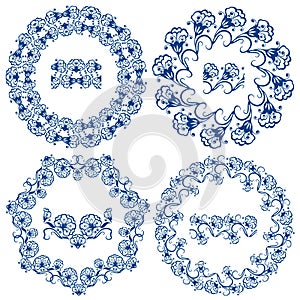 Set of blue floral circle frames.