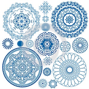 Set of blue floral circle patterns.