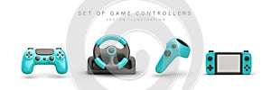 Set of blue game controllers. Realistic image of gamepad, console, steering wheel