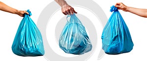 A set of a blue garbage bags in a hands, isolated against a white or transparent background. Close-up of the black