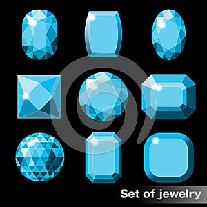 Set of blue gems aquamarine of various shapes.