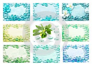 Set of blue glass drops with fresh plant, aqua backgrounds