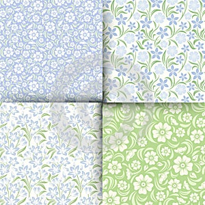 Set of blue and green seamless floral patterns. Vector illustration.