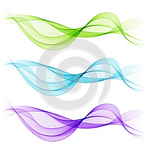 Set of Blue, Green, Violet Abstract Isolated Transparent Wave Li