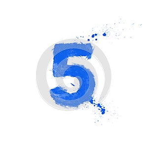 set of blue grunge numbers, paint splashes, digital painting, five