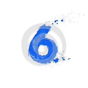 set of blue grunge numbers, paint splashes, digital painting, six