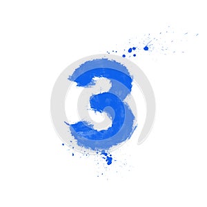 set of blue grunge numbers, paint splashes, digital painting, three