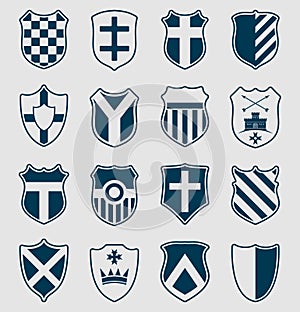 Set of blue heraldic shields