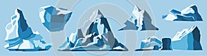 Set of blue icebergs in cartoon style. Vector illustration of adventure, tourism, climbing, landscape and concept of