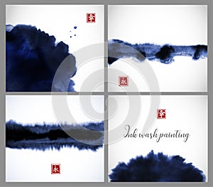 Set of blue ink wash painting textures on white background. Vector illustration. Contains hieroglyph - happiness photo