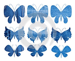 Set of Blue Jeans Butterfly. Denim Background Star Shape Collection