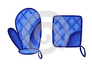 A set of blue kitchen potholders. Mitten and square, quilted with a loop. Watercolor illustration