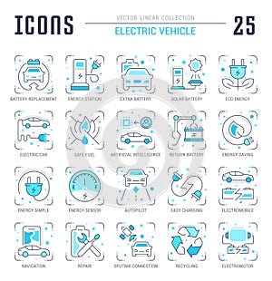 Set Blue Line Icons of Electric Vehicle.