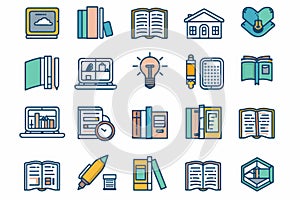 A set of blue line icons representing various educational and academic elements
