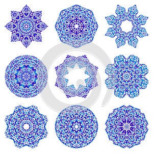 Set of blue mandalas. Decorative round smnowflake ornaments