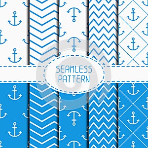 Set of blue marine geometric seamless pattern with