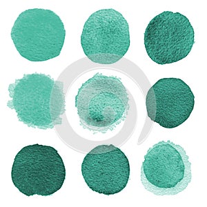 Set of Blue mint watercolor circles isolated on a white background. Watercolour blue, mint, green circles