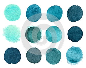 Set of Blue mint watercolor circles isolated on a white background. Watercolour blue, mint, green circles