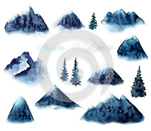 Set with blue mountains in fog, clouds, pinetrees. Watercolor illustration isolated on white