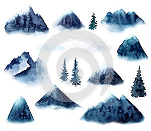 Set with blue mountains in fog, clouds, pinetrees. Watercolor illustration isolated on white photo