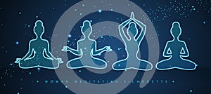 Set of blue neon meditating women silhouettes on outer space background.