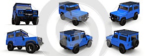 Set blue old small SUV tuned for difficult routes and expeditions. 3d rendering.