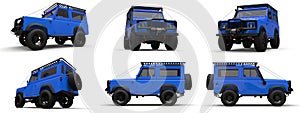 Set blue old small SUV tuned for difficult routes and expeditions. 3d rendering.