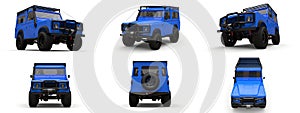 Set blue old small SUV tuned for difficult routes and expeditions. 3d rendering.