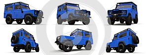 Set blue old small SUV tuned for difficult routes and expeditions. 3d rendering.