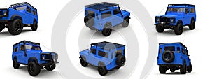 Set blue old small SUV tuned for difficult routes and expeditions. 3d rendering.