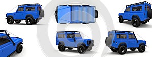 Set blue old small SUV tuned for difficult routes and expeditions. 3d rendering.