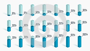 Set of blue percentage charts for infographics, 0 5 10 15 20 25 30 35 40 45 50 55 60 65 70 75 80 85 90 95 100 percent