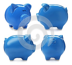 Set with blue piggy bank from different views