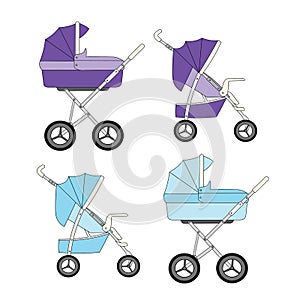Set of blue and purple modern strollers