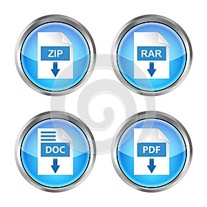 Set of blue rar, zip, doc and pdf download icons on a white back photo