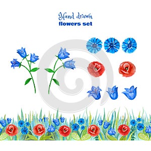 Set of blue and red flowers. Poppies, blue bells, cornflowers. Seamless floral border.