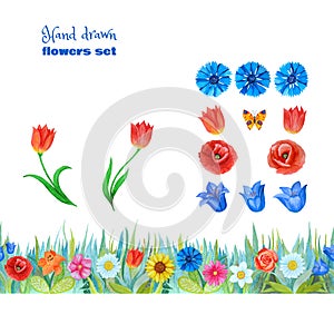 Set of blue and red flowers. Poppies, tulips, blue bells, cornflowers and other. Seamless floral border