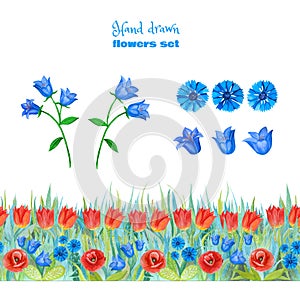 Set of blue and red flowers. Poppies, tulips, blue bells, cornflowers. Seamless floral border.