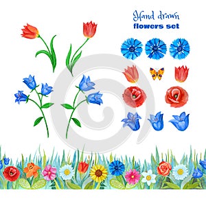 Set of blue and red flowers. Poppies, tulips, blue bells, cornflowers. Seamless floral border from different plants.