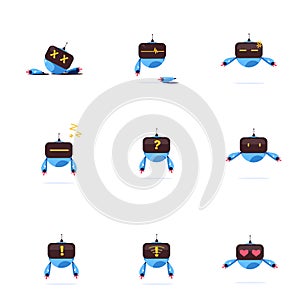 Set of blue robot vector illustrations with various expressions