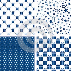 Set of blue seamless patterns. Vector backgrounds with gift boxes, stars, polka dot. For wallpaper, fabric print