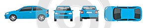 Set of blue Sedan Cars. Isolated car, template for car branding and advertising. Front, rear , side, top Change the